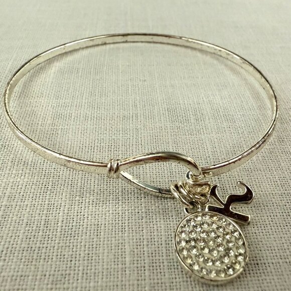 Silver Bangle Bracelet With Rhinestone Circle and K Charm - Picture 8 of 8